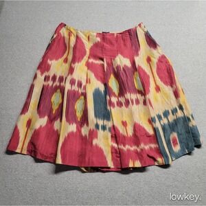 Lauren Ralph Lauren 100% Silk Ikat Western Print Pleated Skirt Red Yellow Blue 8